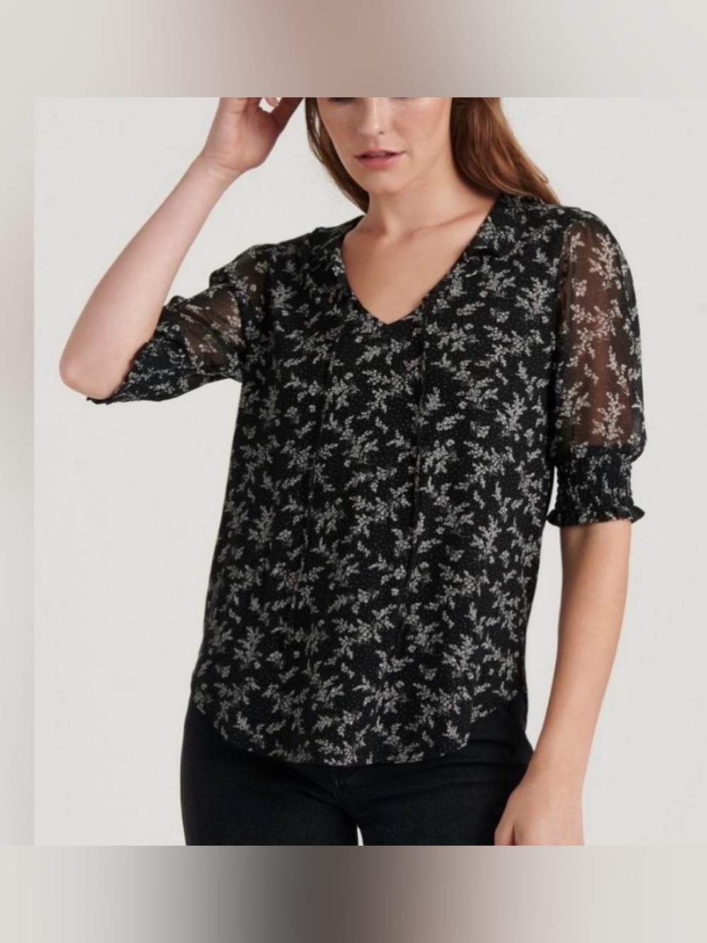 Lucky Brand Women’s Floral Tie Neck Smocked Sleeve Mixed Media Blouse Size M